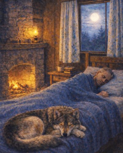 Man sleeping wolf cabin fireplace