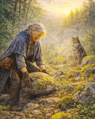 Woman over 70 hefting boulder